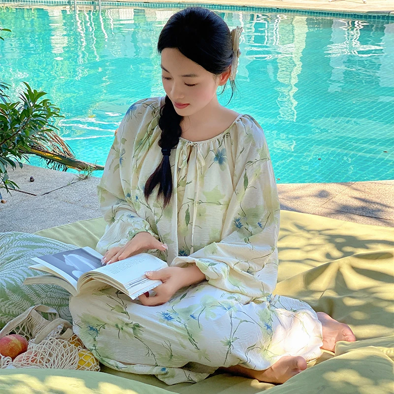 带胸垫长袖睡裙可外穿2024新款宽松慵懒家居服长裙气质女士可外穿