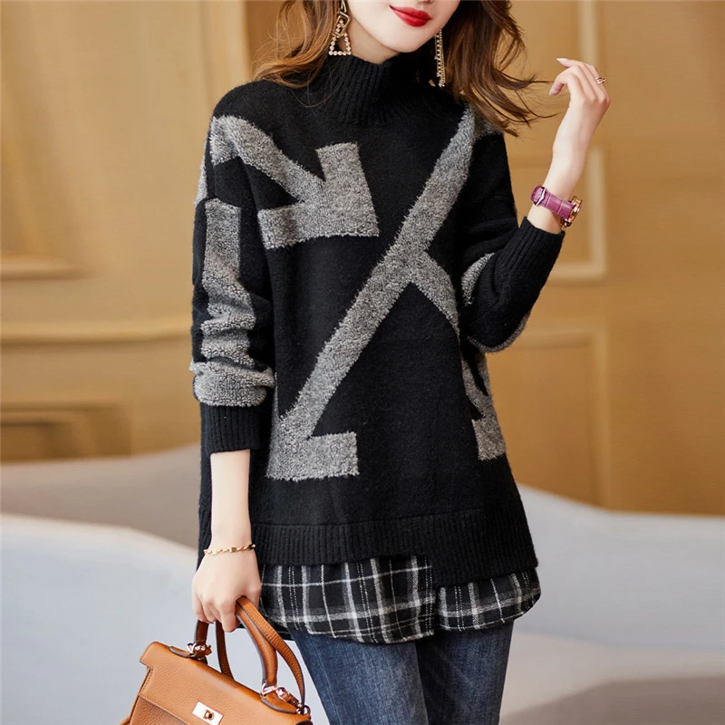 秋冬新款韩版针织半高领箭头打底衫假两件拼接套头外穿宽松毛衣女