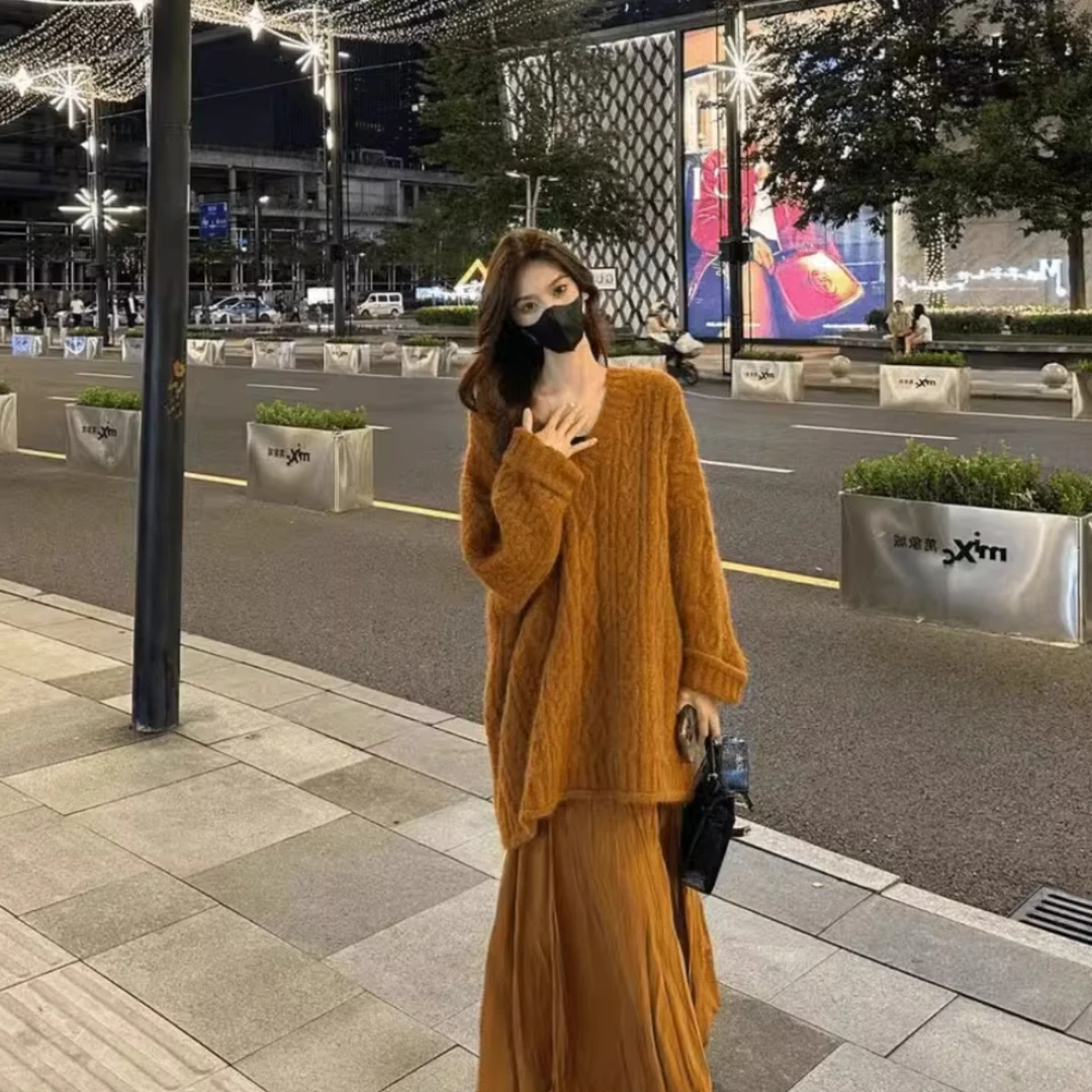 韩版长袖秋冬气质秋冬v领宽松慵懒风重工毛衣上衣半身裙两件套女