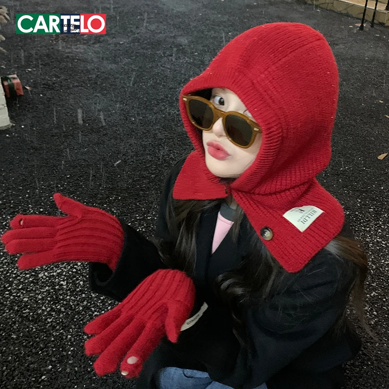 巴拉克拉法帽手套秋冬季女新年红色保暖针织毛线套头帽子围脖一体