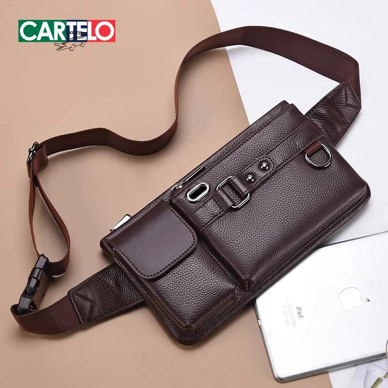 CARTELO/卡帝乐鳄鱼腰包男真皮大容量手机包头层牛皮斜挎胸包皮包
