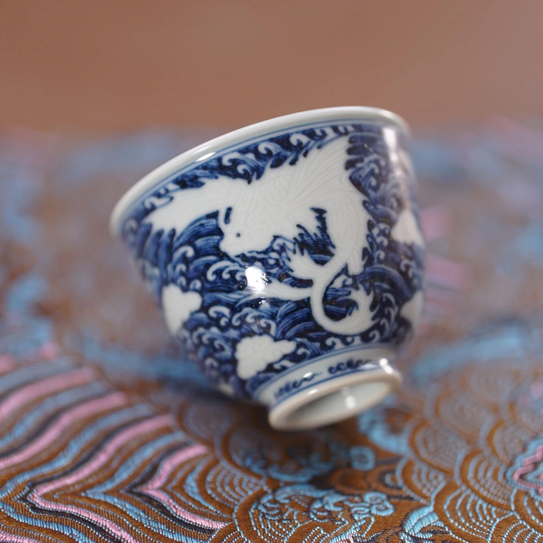 【宣之堂】-暗刻海水文鳐鱼纹陶瓷单杯手绘主人杯名窑