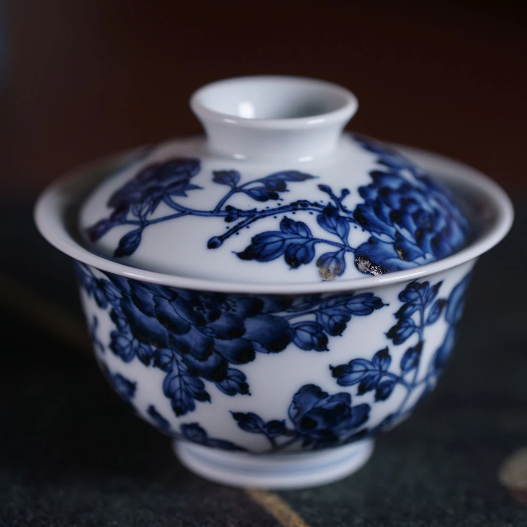 【水造】-青花牡丹花盖碗