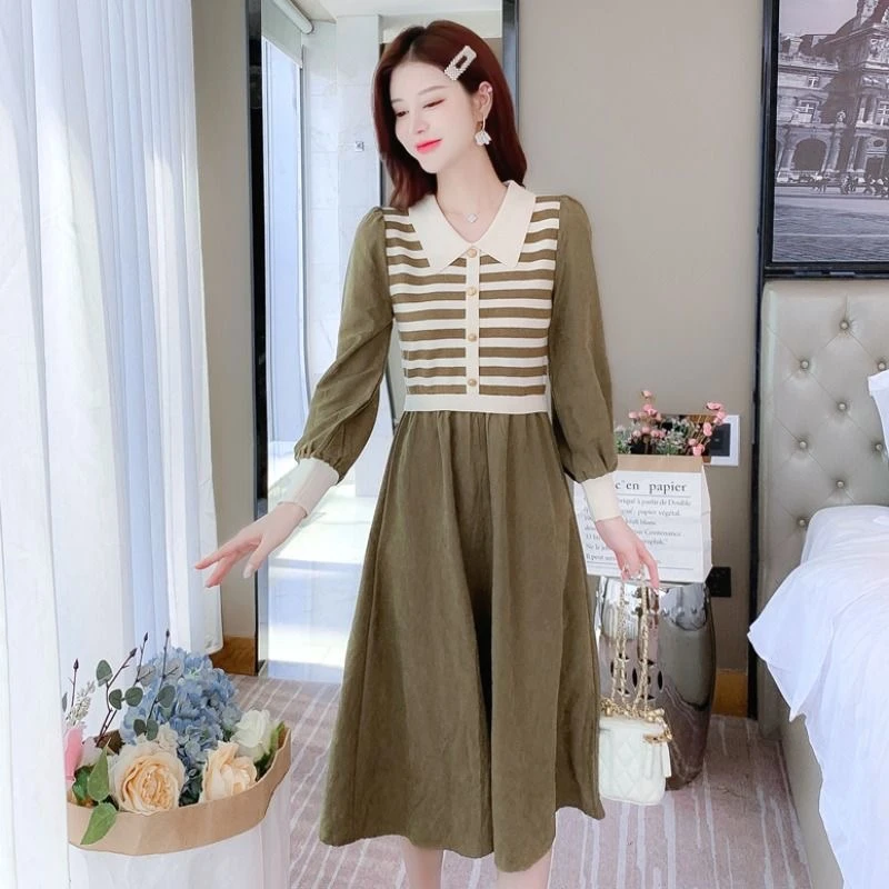 2025初秋新款条纹收腰显瘦打底裙小个子女小香风假两件长袖连衣裙