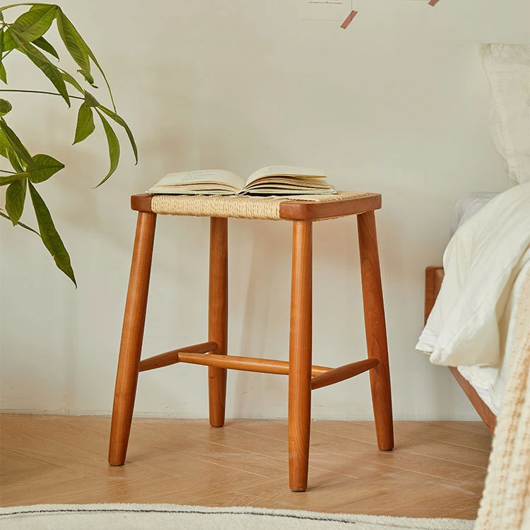樱桃木北欧绳编小凳子简约日式梳妆凳藤编换鞋凳编织化妆凳餐凳