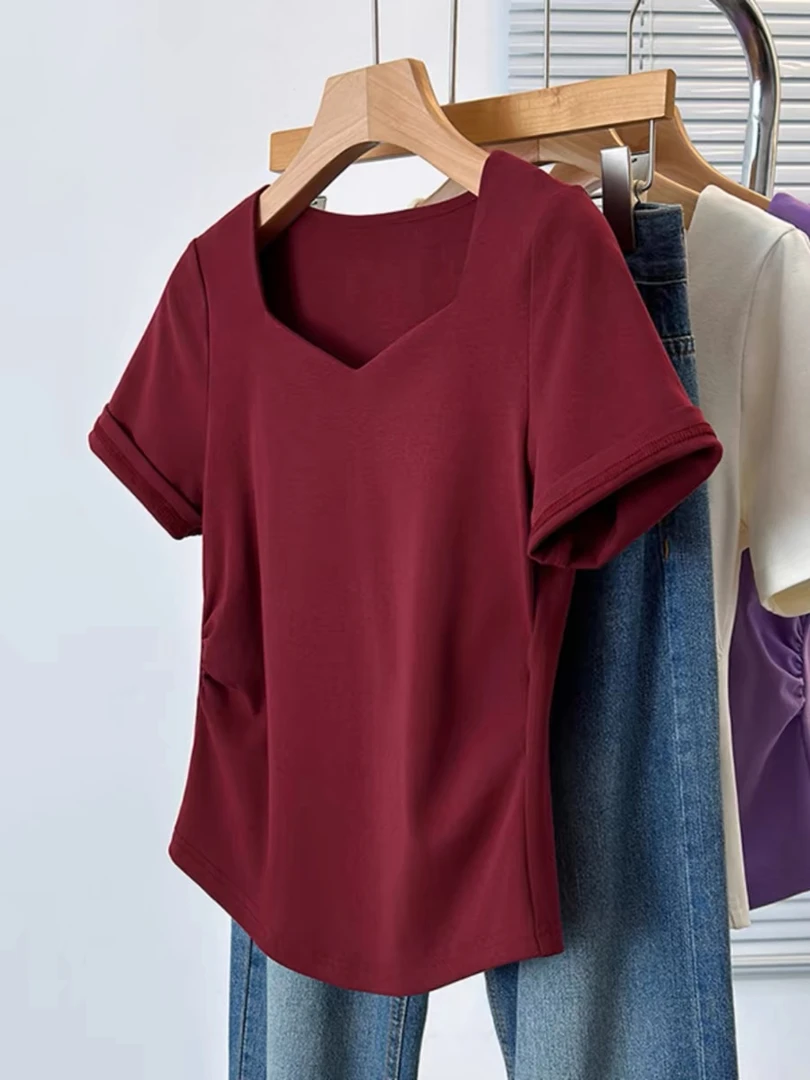 女装大码胖mm夏季短袖t恤女方领不规则小众设计感显瘦百搭上衣女