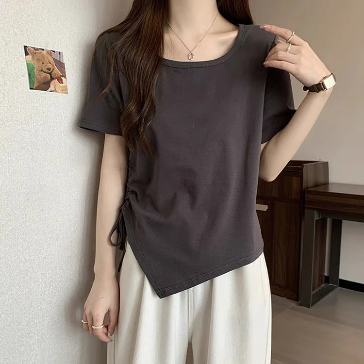 大码不规则正肩短袖t恤女2024夏季胖mm遮肚百搭显瘦炸街抽绳上衣