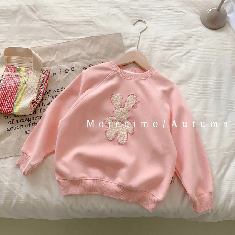 3257洹彩秋冬新款儿童纯色打底兔子图案女童单上衣卫衣单件