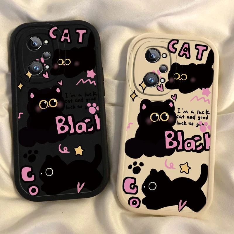 粉字呆萌黑猫适用真我GT2手机壳真我GT2PRO硅胶全包软壳创意潮ins