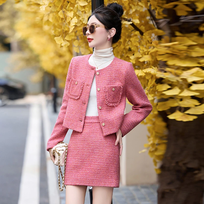 粉色小香风小个子套装女淑女气质名媛粗花呢外套半身裙短裙两件套
