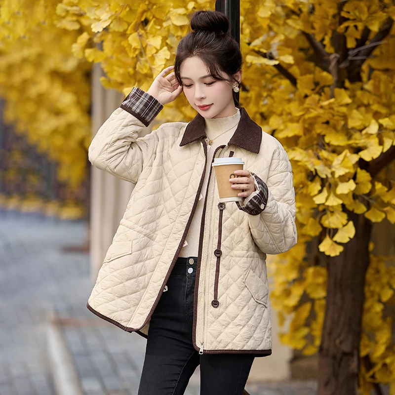 休闲高级感宽松减龄轻薄款夹棉外套2024新款翻领菱格时尚短款棉服