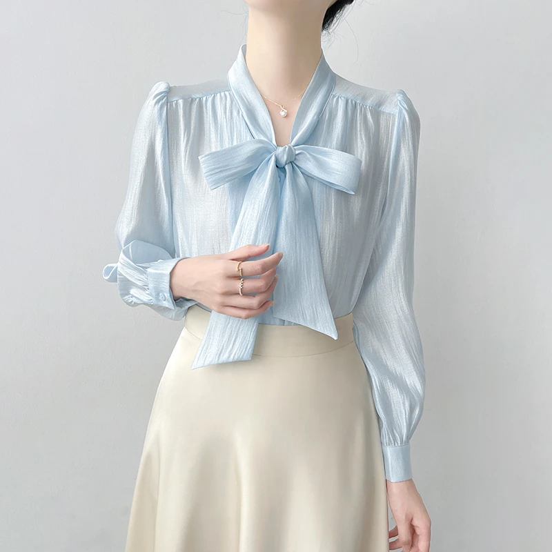 韩帛雅洋气系带长袖蝴蝶结衬衫女小众设计感显瘦衬衣时尚气质上衣