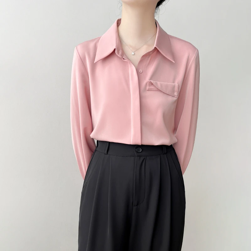 职场通勤粉色长袖衬衫女士时尚气质百搭衬衣基础简约显瘦洋气上衣