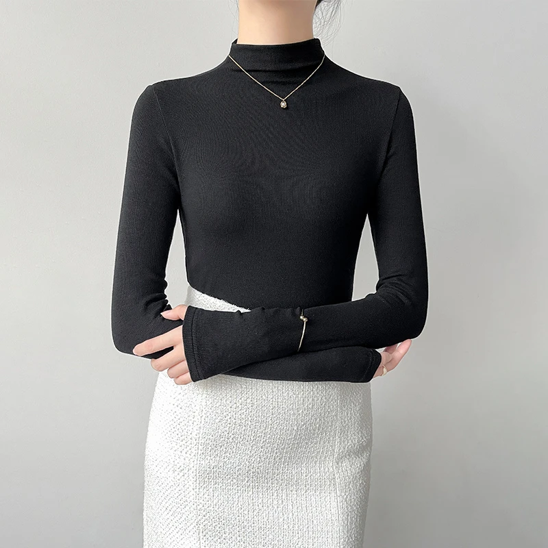 黑色半高领打底衫女秋冬季保暖内搭时尚长袖t恤修身百搭显瘦上衣