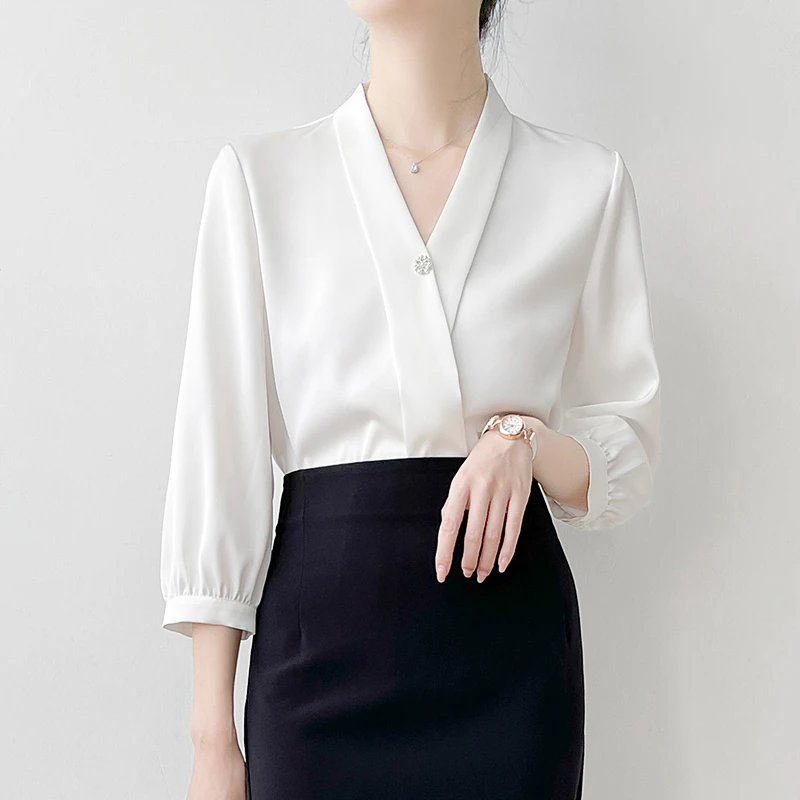 韩帛雅【知性女人】七分袖v领衬衫女秋季高级感衬衣职业装通勤上衣