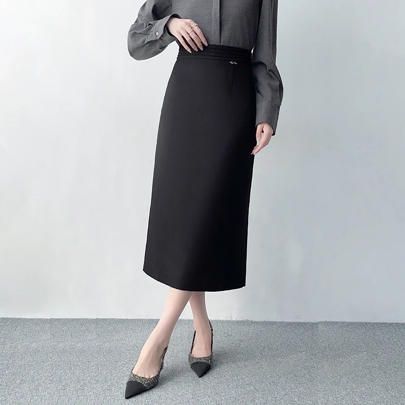 Q448百搭通勤直筒毛呢半身裙女高腰显瘦包臀裙中长款开叉裙子