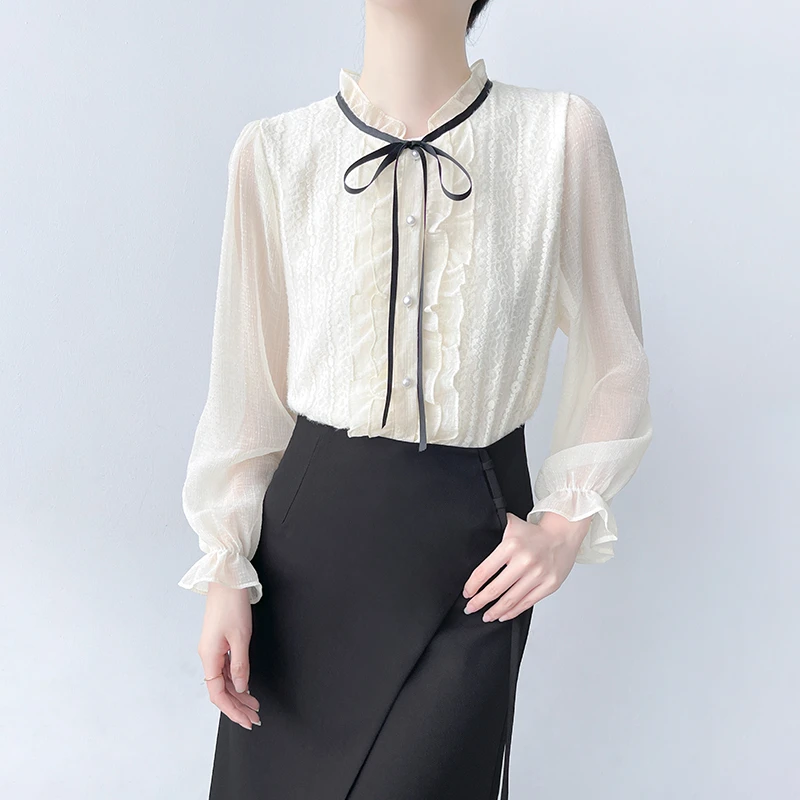 Q395蕾丝雪纺衬衫女春浪漫蝴蝶结系带提花木耳边上衣长袖内搭衬衣