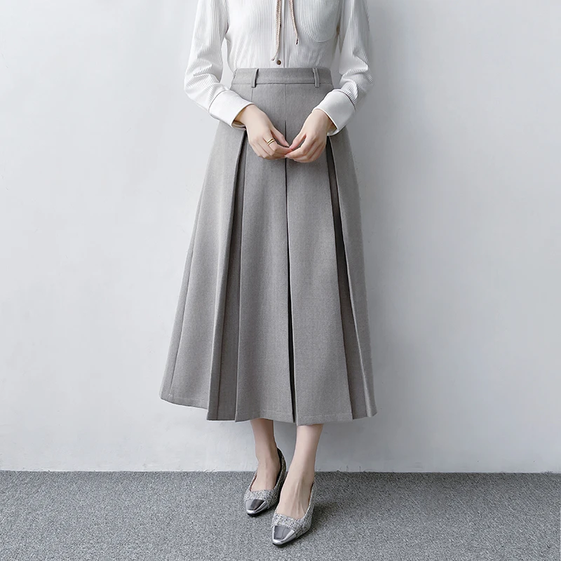 Q487灰色高腰百褶裙女秋冬新款显瘦半身长裙时尚气质毛呢A字裙子