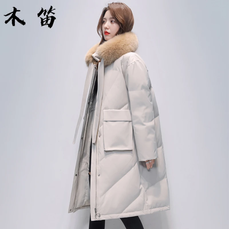 木笛女装连帽中长款羽绒服女大毛领加厚防寒加绒保暖冬季82360