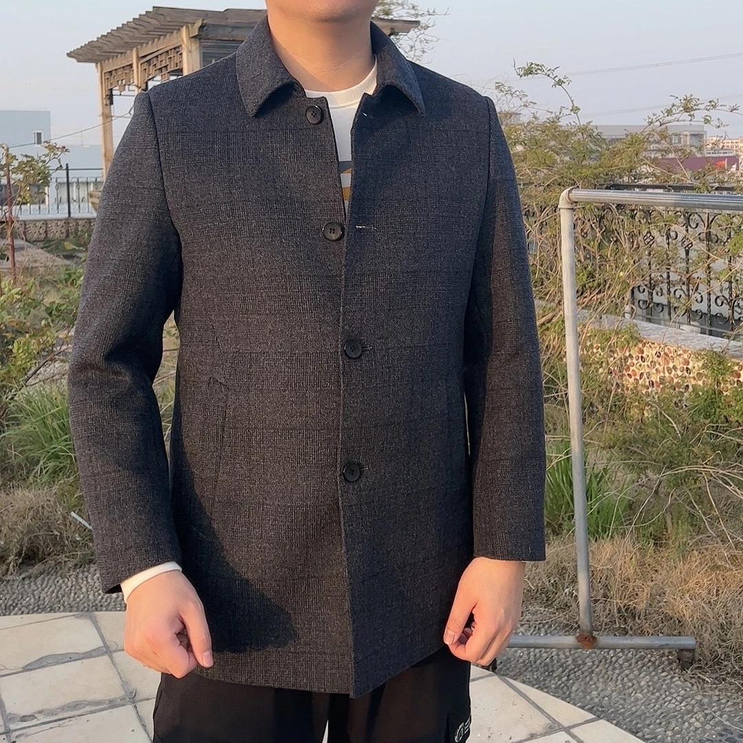 木笛男装中年翻领毛呢大衣可脱卸内胆外套商务休闲派克服男2201