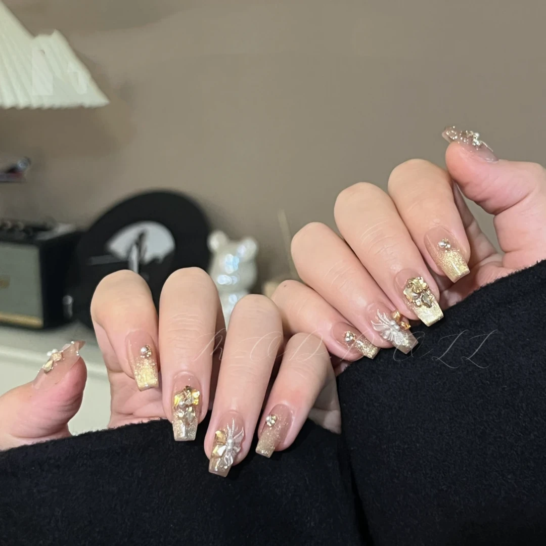 【烫金蝴蝶】纯手工穿戴甲气质穿戴式梯形光疗甲美甲师