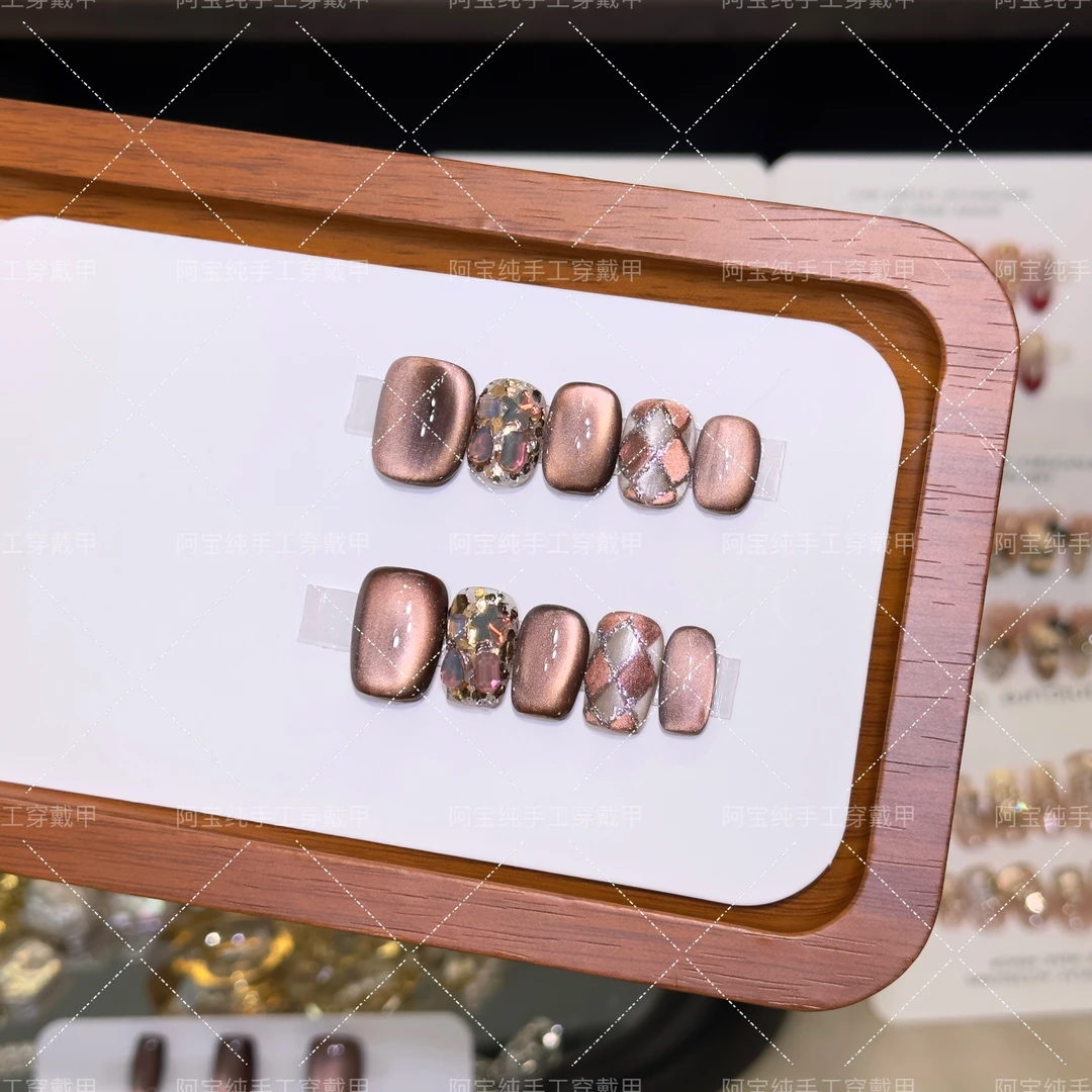 【熔岩黑巧】纯手工穿戴甲气质穿戴式梯形光疗甲美甲师