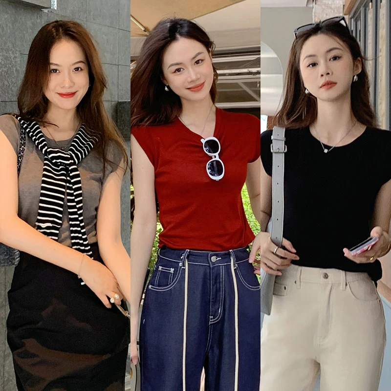 A美洋MEIYANG气质欧尼外穿桑蚕丝T恤夏季圆领修身显瘦短款袖