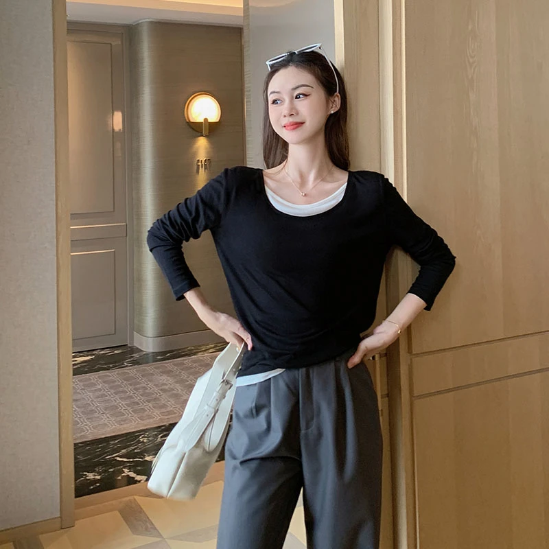 【现货】美洋MEIYANG双层面膜T恤 桑蚕丝莱赛尔假两件拼接T显瘦春秋