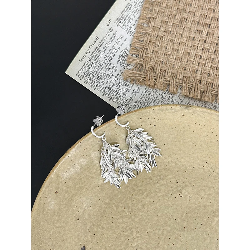 合金耳饰 MEIYANG 银柳耳环 重工流苏柳叶新中式清冷仙气耳钉耳夹