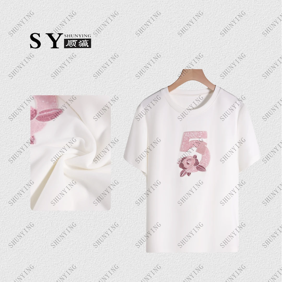 【顺瀛】夏季新款数字山茶花重工镶钻洋气时尚百搭圆领T恤SY62T5299