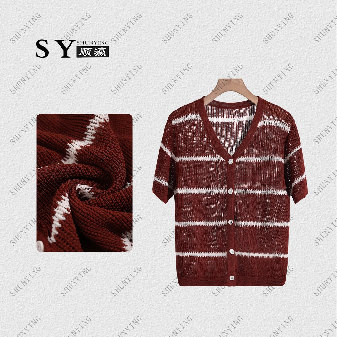 【顺瀛】夏季新款宽松显瘦薄款气质V领拼色条纹针织短袖SY62ZZ65286