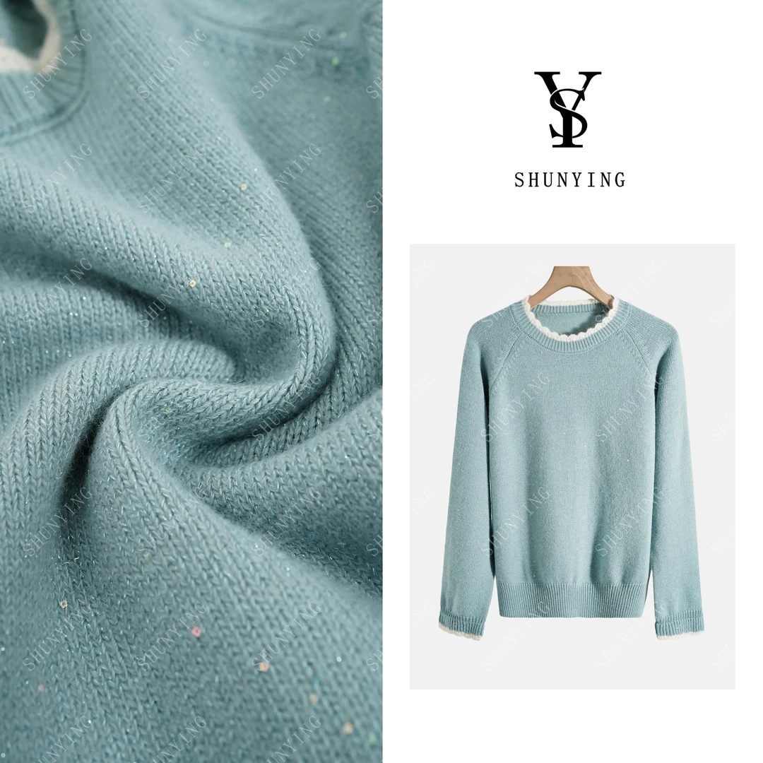 【仟娜】温柔柔软~时尚拼接蕾丝花边圆领减龄软糯针织衫SY66ZZ682