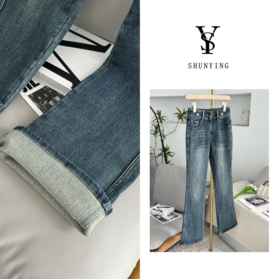 【仟娜】版型无敌！时尚修身百搭加绒加厚微喇牛仔裤SY66NZK90218