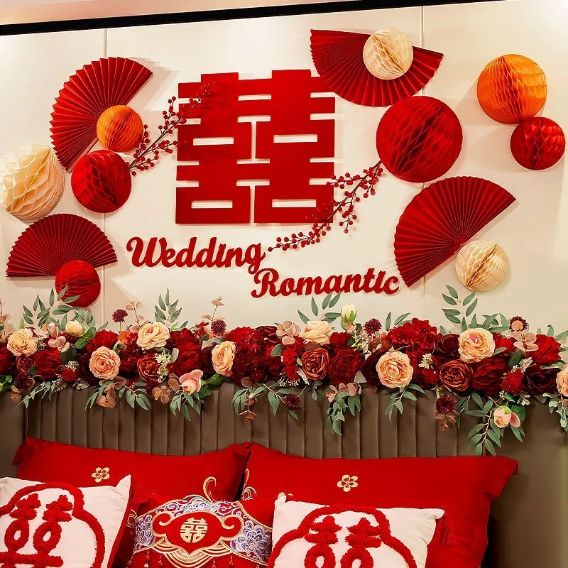 婚房布置女方卧室男方新房间蜂窝球结婚装饰高级感背景墙床头拉花