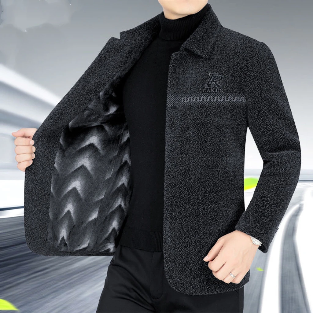 新款翻领高档毛呢男士外套加绒加厚秋冬季中老年男装休闲保暖外套