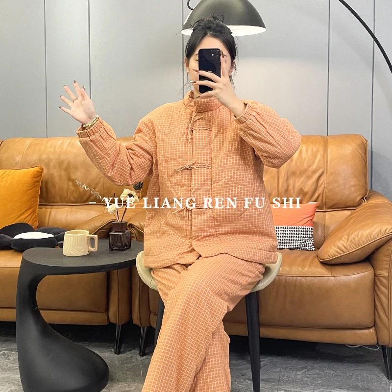 满果木染针织纯棉三层加厚夹棉睡衣女冬加绒保暖立领家居服CT142