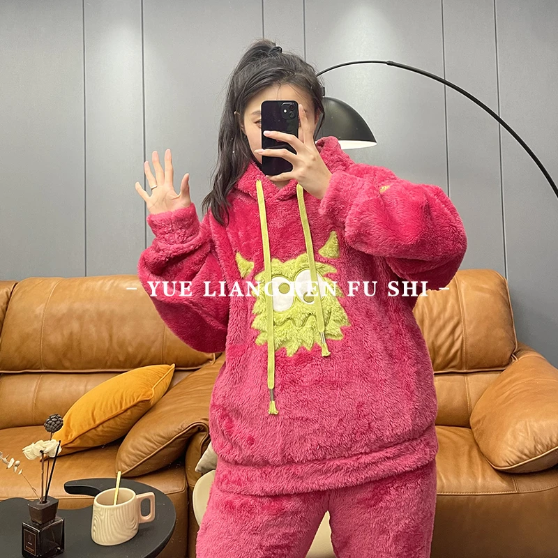 简诗哲珊瑚绒睡衣女秋冬毛绒加绒连帽可爱可外穿家居服套装2706