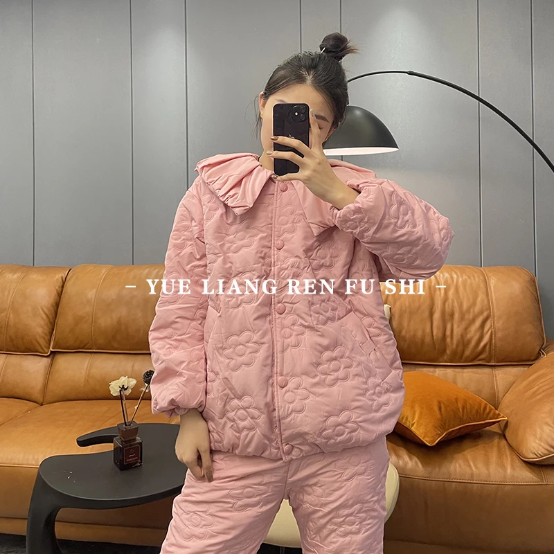 诺曼蒂克秋冬薄夹棉睡衣女新款套装保暖翻领宽松可外穿家居服6090