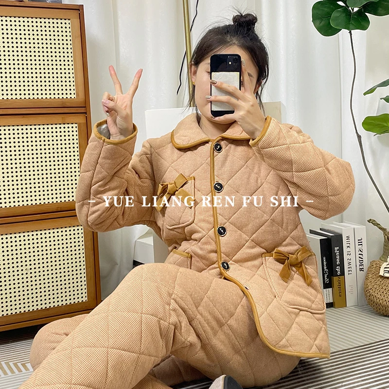 玛伦萨加绒夹棉睡衣女新款冬季加厚保暖格纹可外穿家居服套装0586