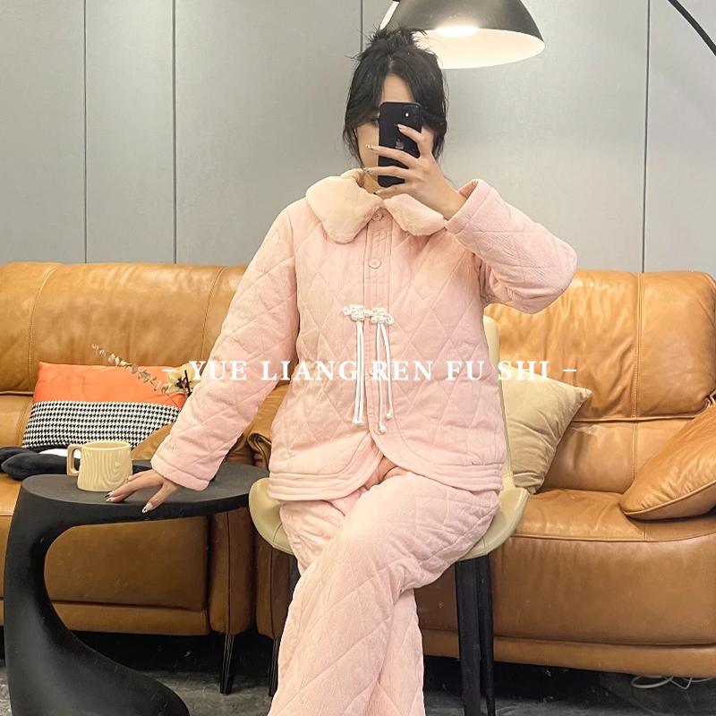 A+冬季提花加厚夹棉睡衣女士加绒保暖甜美可外穿家居服套装CT068