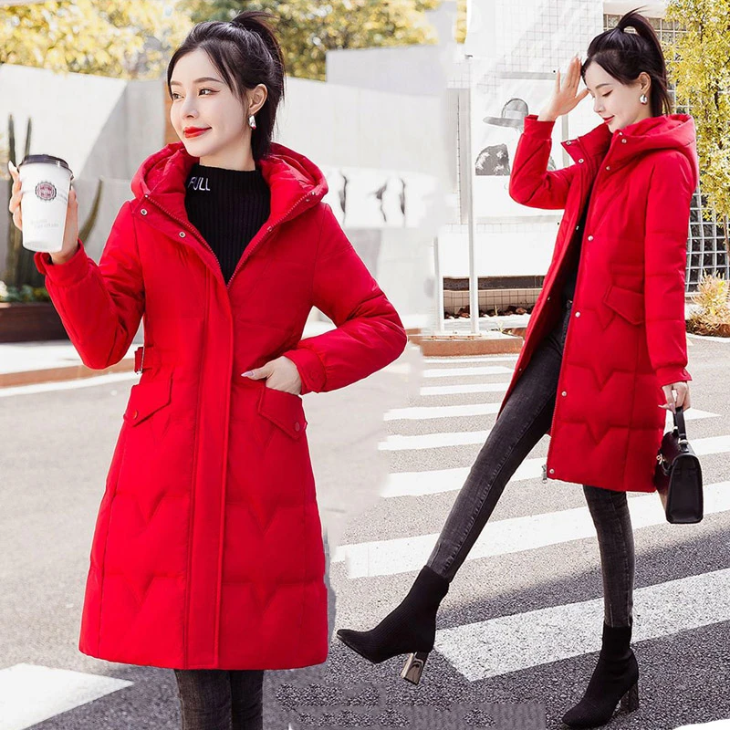 大红色棉服女中长款2025年冬季新款韩版时尚修身加厚棉衣棉袄外套