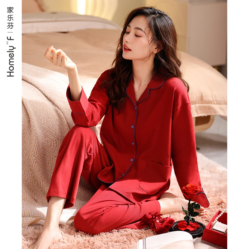 家乐芬【柔感棉】春秋纯棉长袖女士家居服本命年大红色结婚情侣龙年