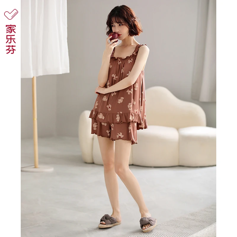 家乐芬睡衣女士夏季夏款莫代尔吊带背心家居服夏天薄款冰丝凉套装