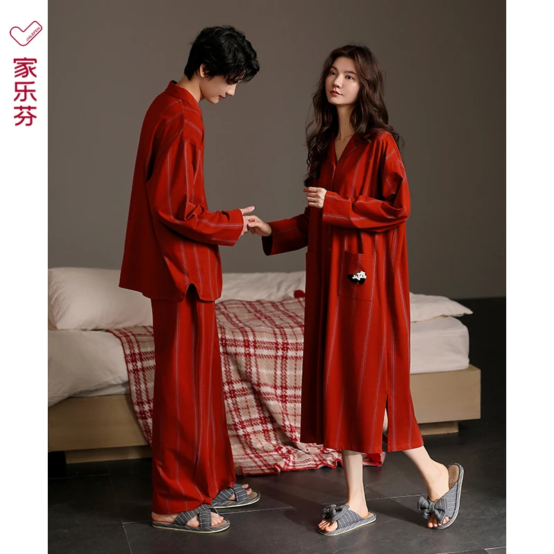 家乐芬红色睡衣结婚新婚情侣套装纯棉女款男士春秋款家居服本命年
