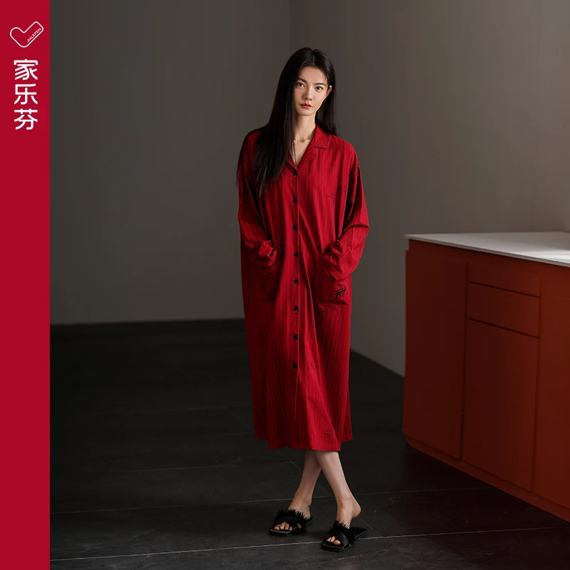 家乐芬红色睡裙女睡衣春秋款纯棉长袖家居服本命年蛇年新年中长款