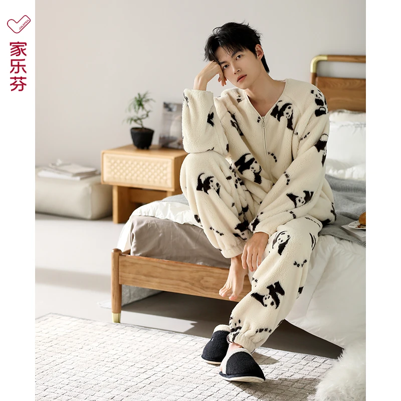 家乐芬睡衣男士冬季法兰绒加厚秋冬款珊瑚绒熊猫家居服套装可外穿