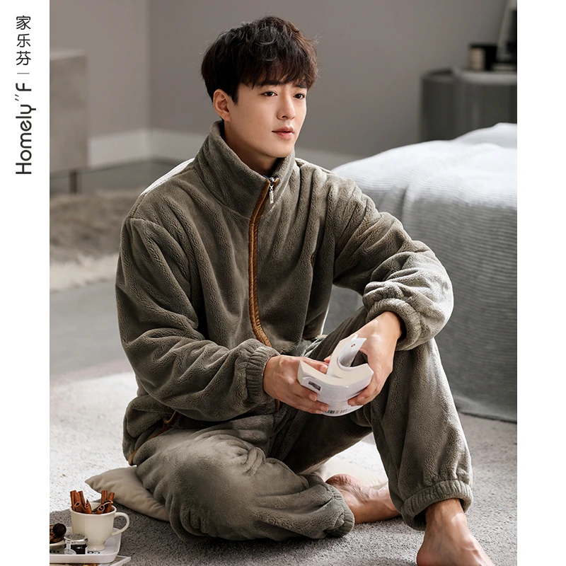 家乐芬【法兰绒】冬季男士家居服加绒加厚珊瑚绒保暖拉链可外穿睡衣