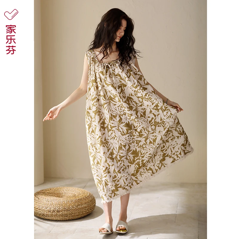 家乐芬凉感睡裙梭织棉纱布纯棉全棉夏季可外穿背心无袖大码连衣裙