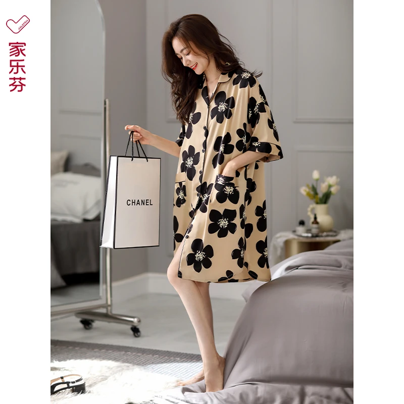 家乐芬睡裙女士睡衣夏季夏天夏款凉感冰丝短袖开衫衬衫长款仿真丝