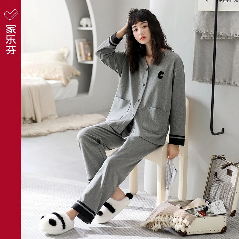 【5A抑菌】家乐芬睡衣女士春秋款秋季纯棉长袖家居服大码两件套装